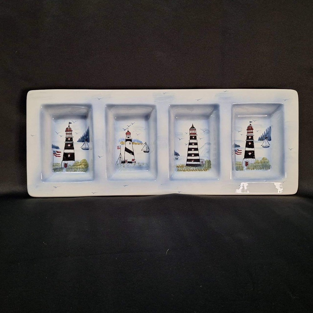 Coastal Lighthouse 4 Section Platter Rectangular Serving Dish Nautical Decor‎